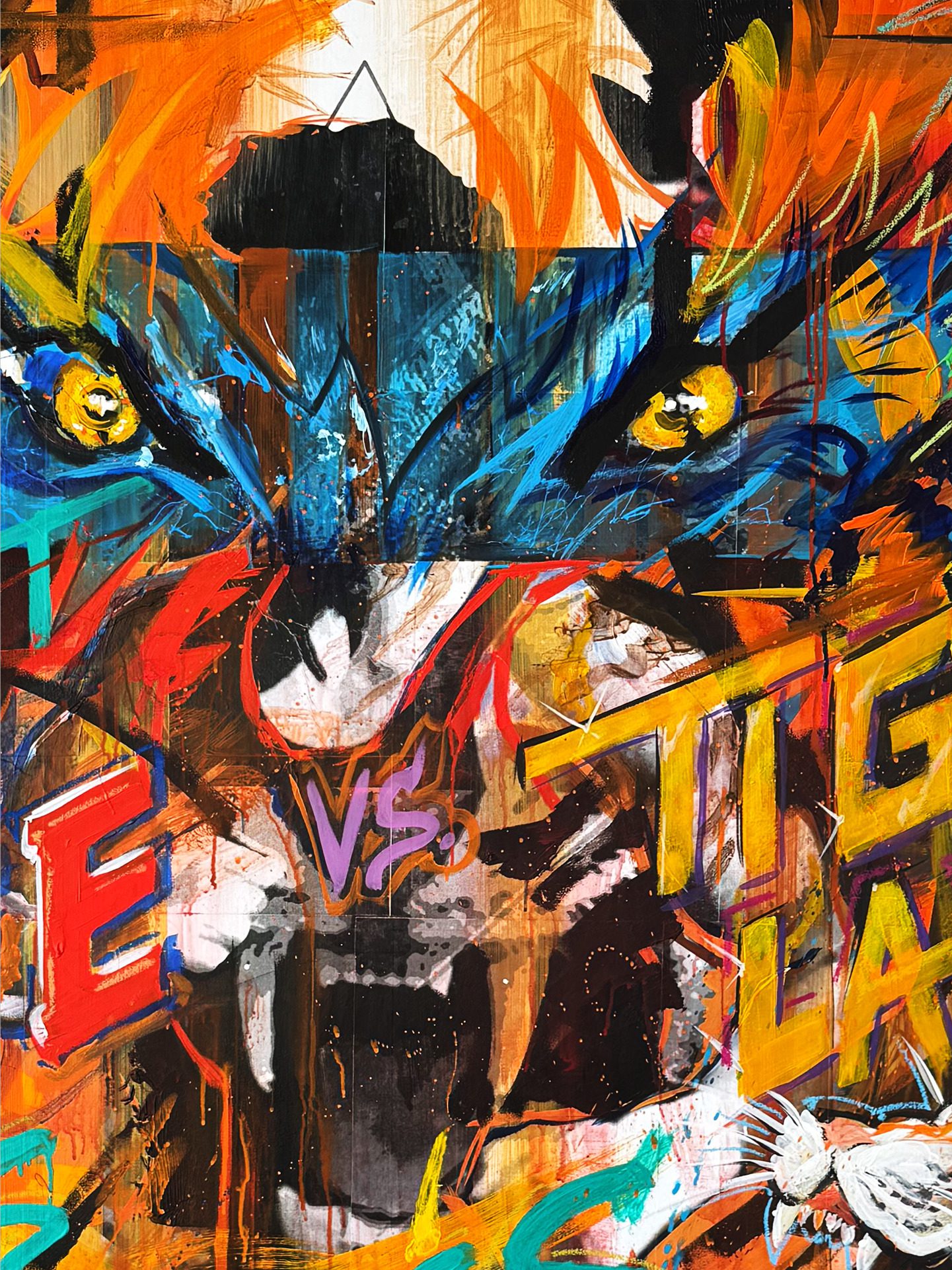 Abstract graffiti-style painting with vivid orange, blue, and yellow strokes and two yellow eye-like shapes as focal points. Alternative: Energetic abstract artwork using bold colors, angular lines, and eye motifs formed by yellow circles in a blue area.