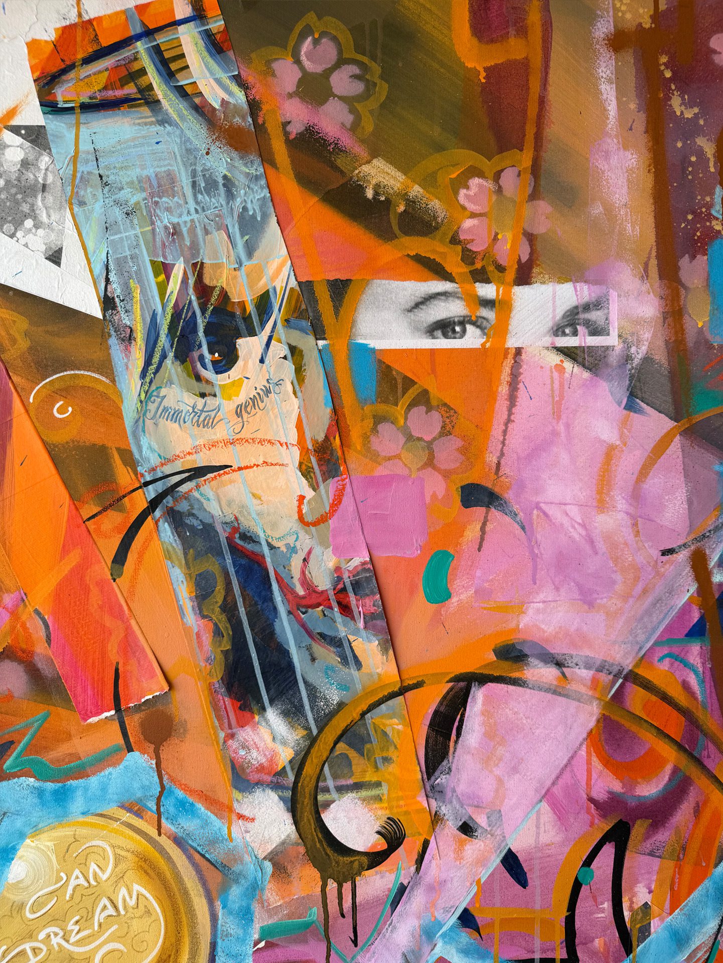Vibrant abstract graffiti collage with overlapping shapes in orange, pink, blue; glimpses of a grayscale eye motif.