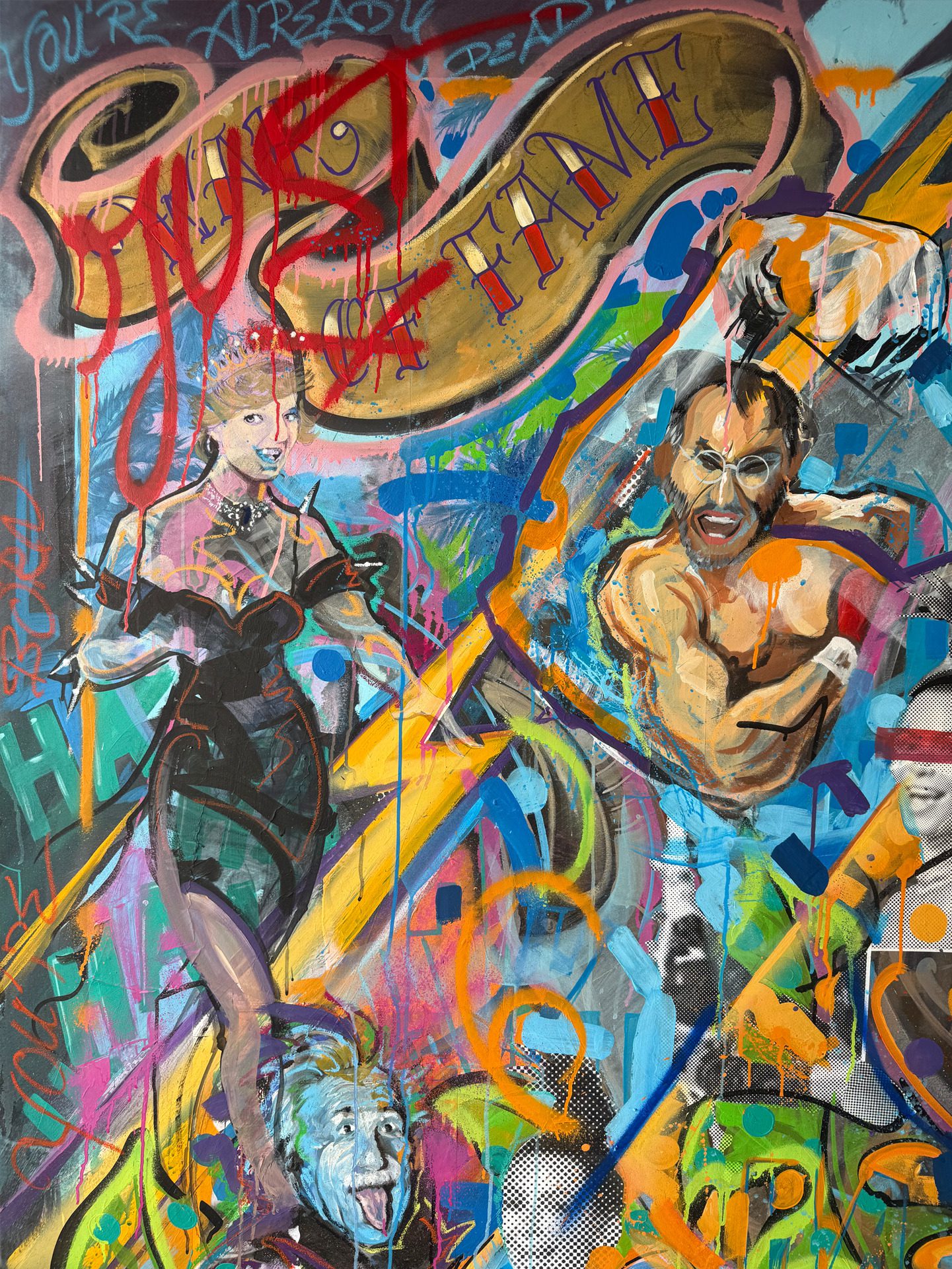 Vibrant graffiti collage with a muscular man and a stylized woman among bold colors and spray-paint textures.