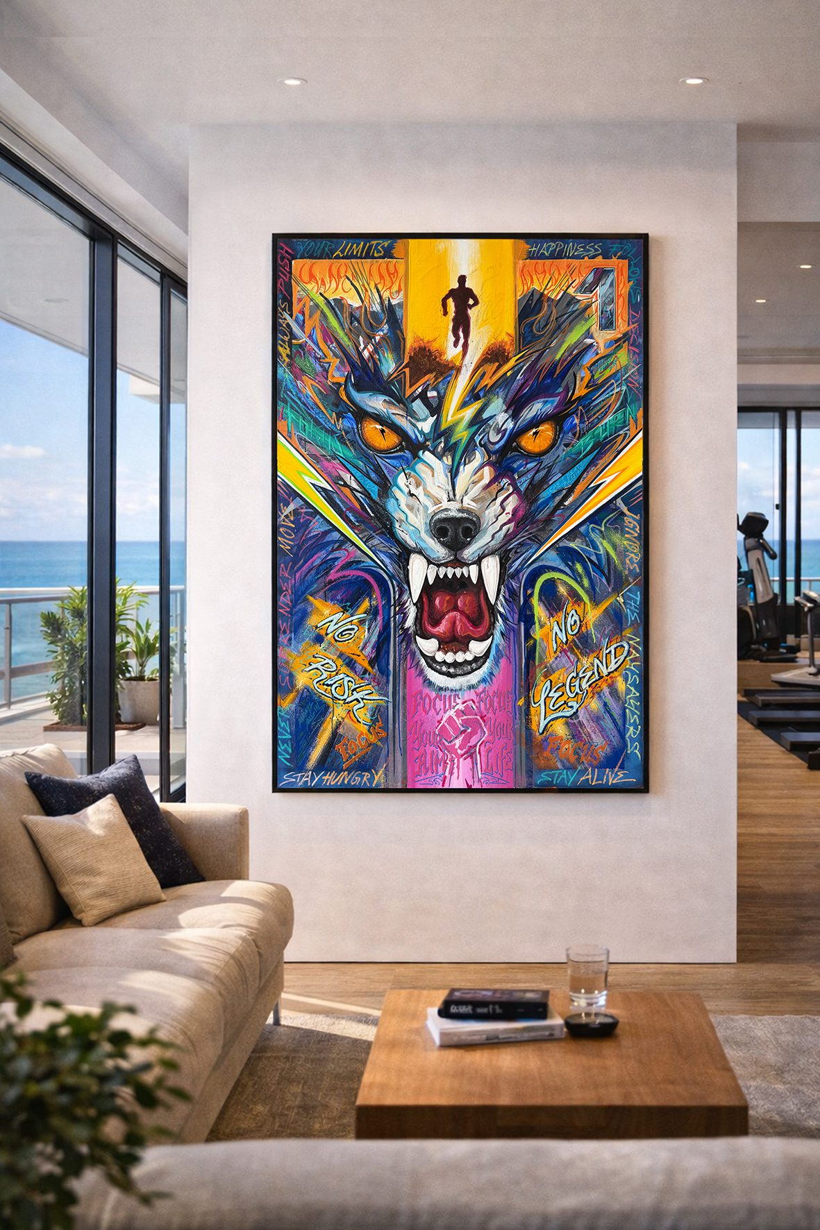 Colorful graffiti-style painting of a snarling wolf head mounted on a living room wall, with a bright orange sun and an urban, energetic vibe beside a seaside view.