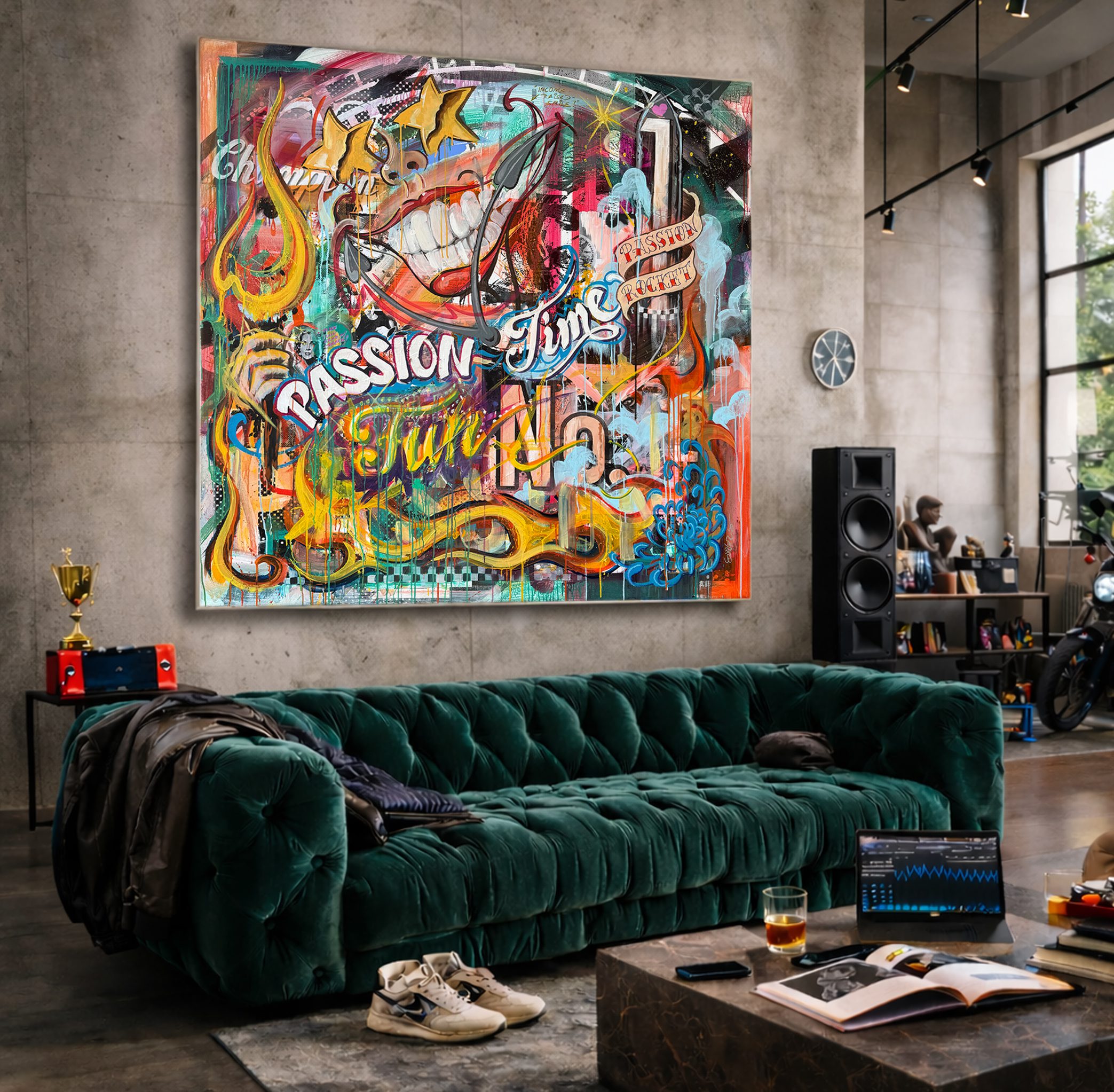 Contemporary living room featuring a large colorful graffiti painting on the wall, a green velvet sofa, and a marble coffee table with magazines and sneakers nearby.