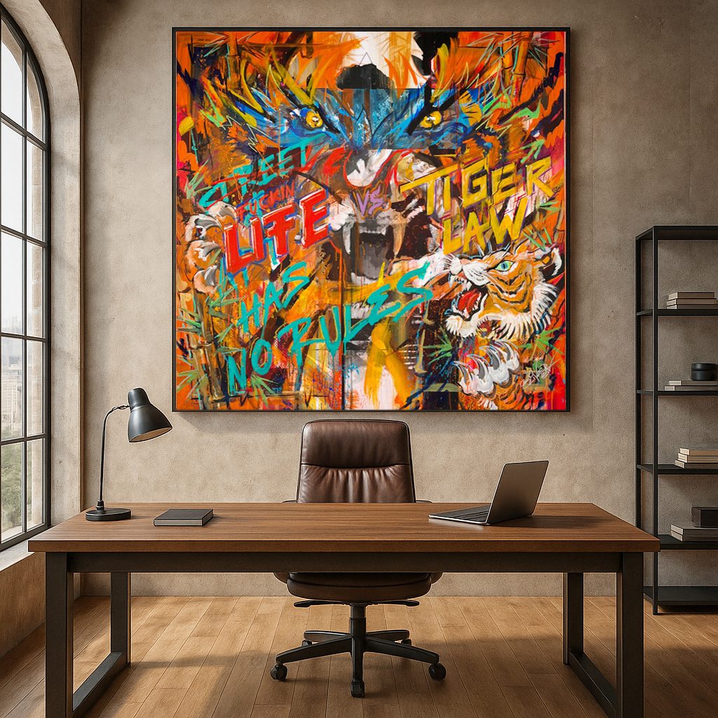 Bold abstract painting of a tiger and words in bright colors hangs over a wooden office desk. A leather chair, laptop, and desk lamp sit in a modern workspace.
