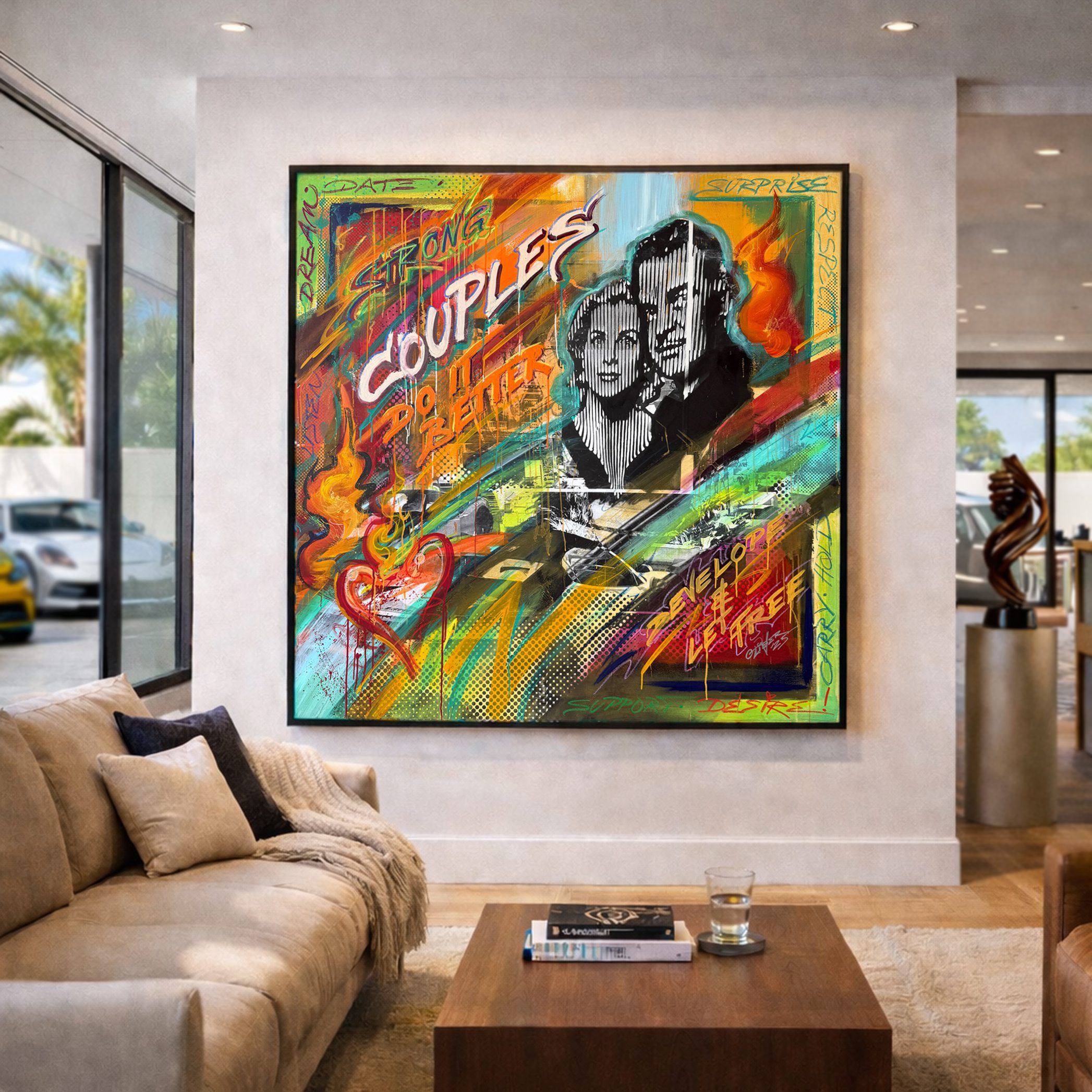 Large framed colorful abstract painting on a light wall in a modern living room, with a beige sofa and wooden coffee table in the foreground.