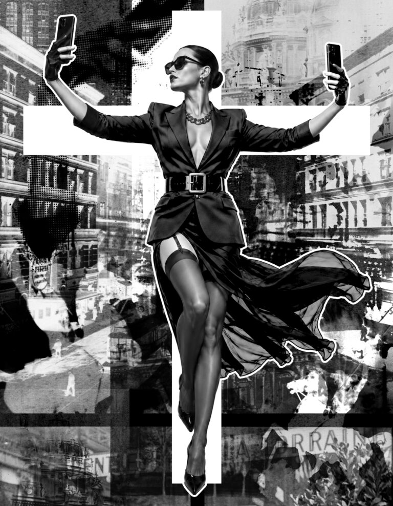 Home | Oliver Paaß Schwarz-Weiß-Collage von Oliver Paaß: Frau mit Sonnenbrille hält zwei Smartphones in die Höhe, vor einem weißen Kreuz und historischen Straßenszenen