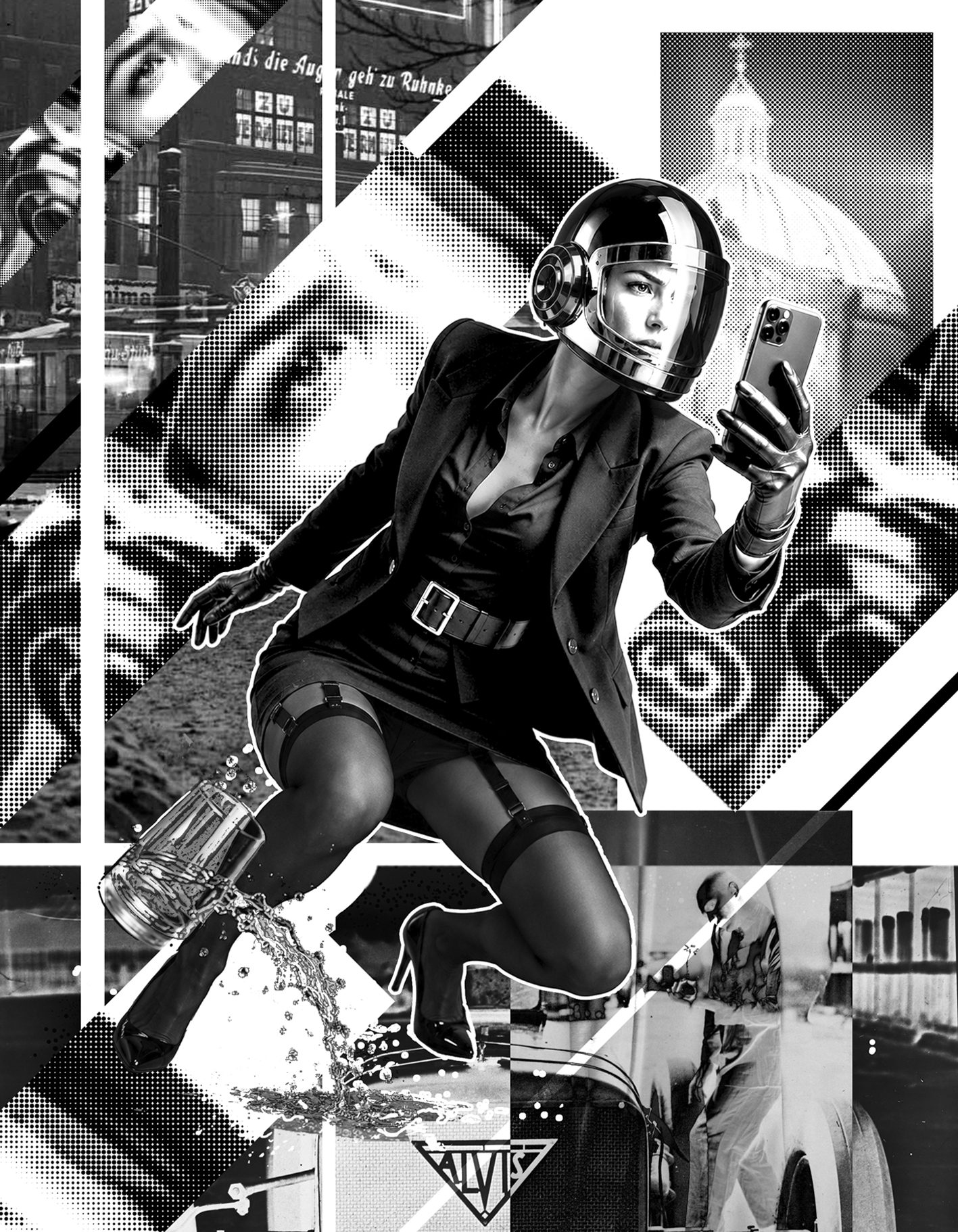 Schwarz-Weiß-Collage von Oliver Paaß: Frau mit Motorradhelm schaut auf ihr Smartphone, daneben ein umkippendes Glas