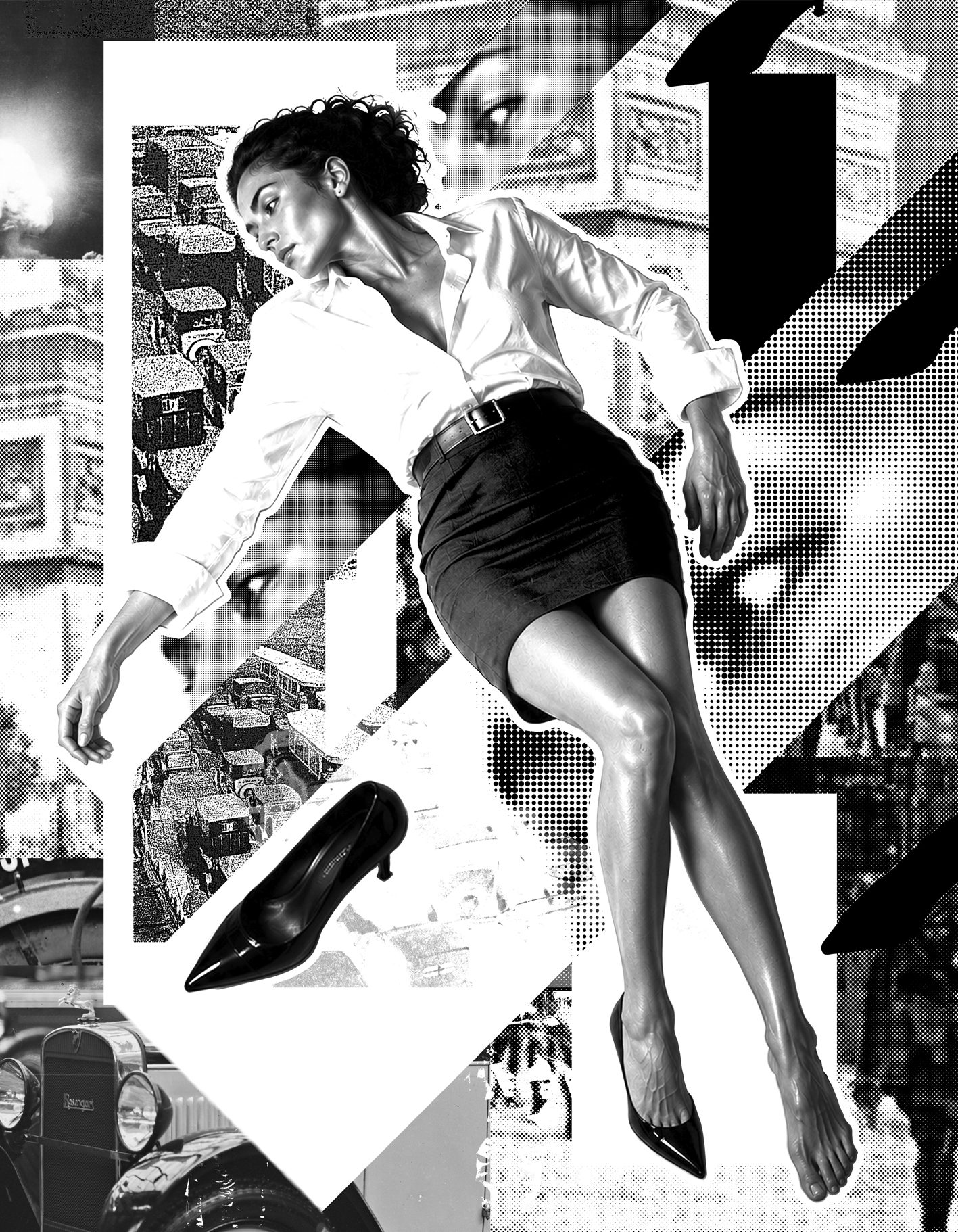 Schwarz-Weiß-Collage von Oliver Paaß: Frau in weißer Bluse schwebt neben einem Pumps vor einer Collage aus Stadtmotiven
