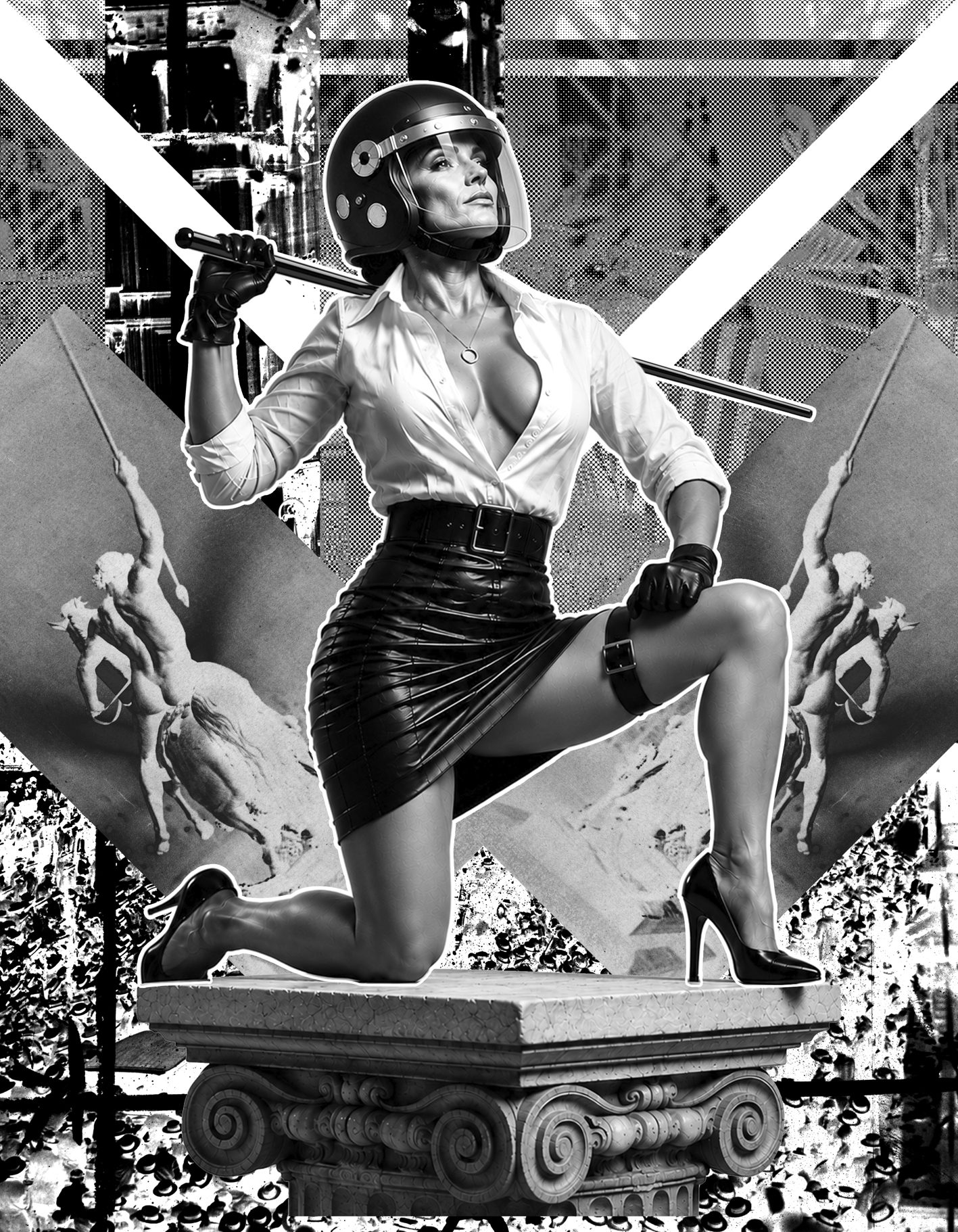 Schwarz-Weiß-Collage von Oliver Paaß: Frau mit Helm kniet mit einem Schlagstock auf einem Säulensockel